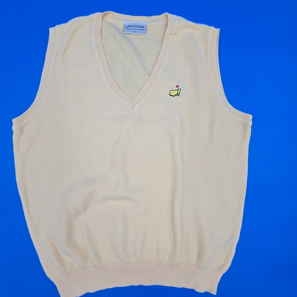 Masters Collection Mens V-Neck Sweater Vest Yellow Cotton Golf‎ Logo L Augusta